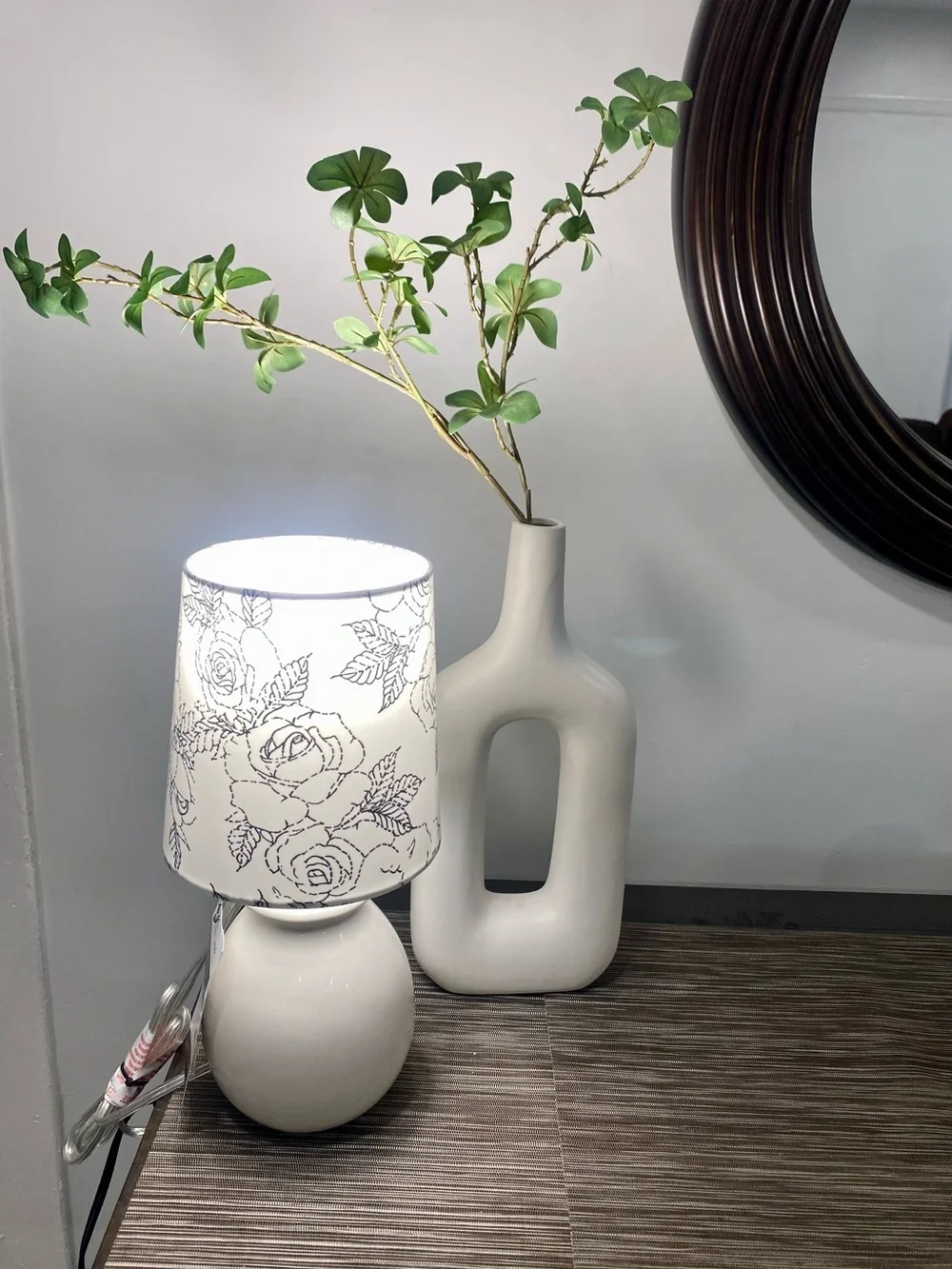 White Ceramic Table Lamp with Floral Shade by
